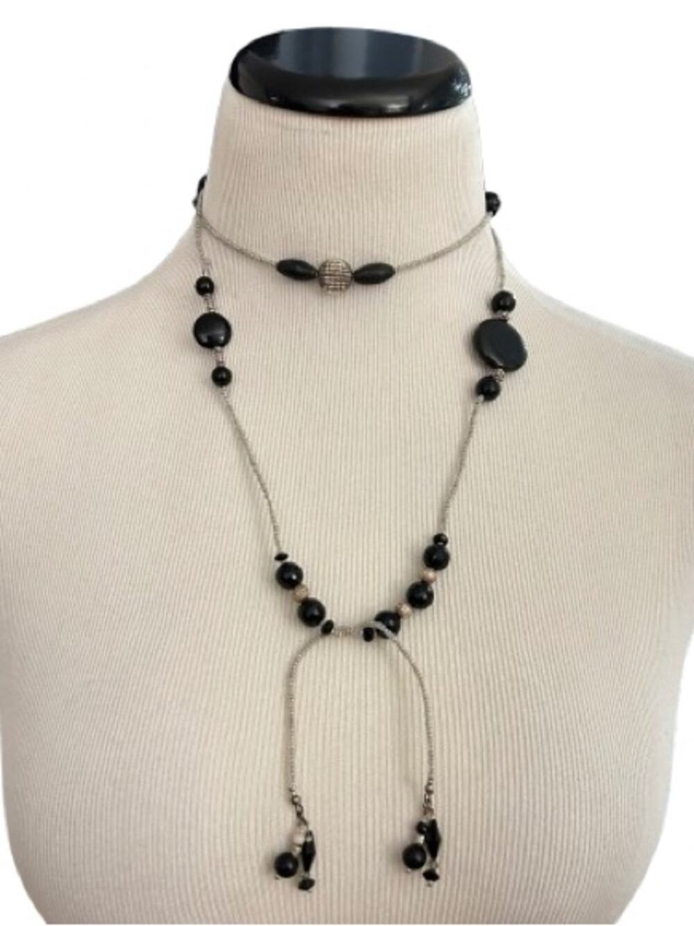 Women’s Vintage Handmade Layered Black Bead Long Necklace with Silver Accents